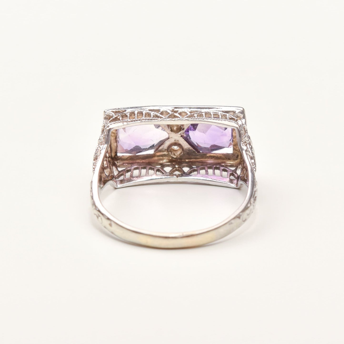 Art Deco 14K White Gold Diamond Amethyst Filigree Ring, Rectangular Dinner Ring, Size 6 1/4 US