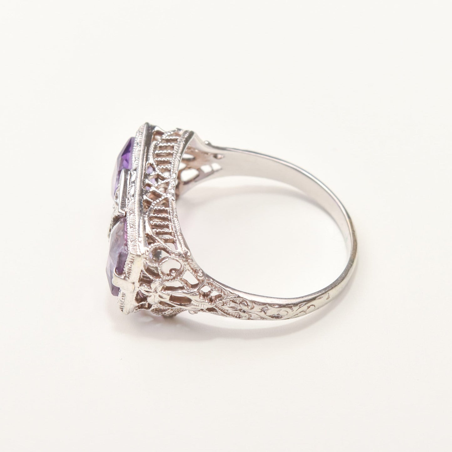 Art Deco 14K White Gold Diamond Amethyst Filigree Ring, Rectangular Dinner Ring, Size 6 1/4 US