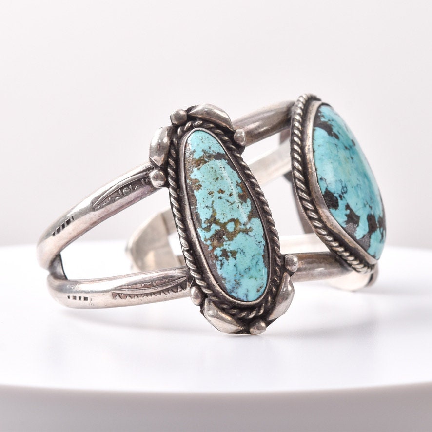 Native American Three Stone Turquoise Cuff Bracelet, Stamped Sterling Silver Cuff, 5.25" L